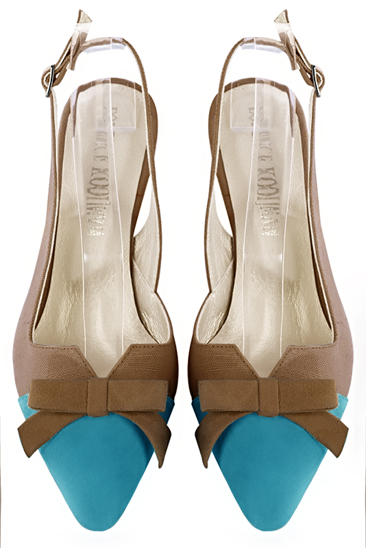 Turquoise blue and chocolate brown women's open back shoes, with a knot. Tapered toe. Medium slim heel. Top view - Florence KOOIJMAN